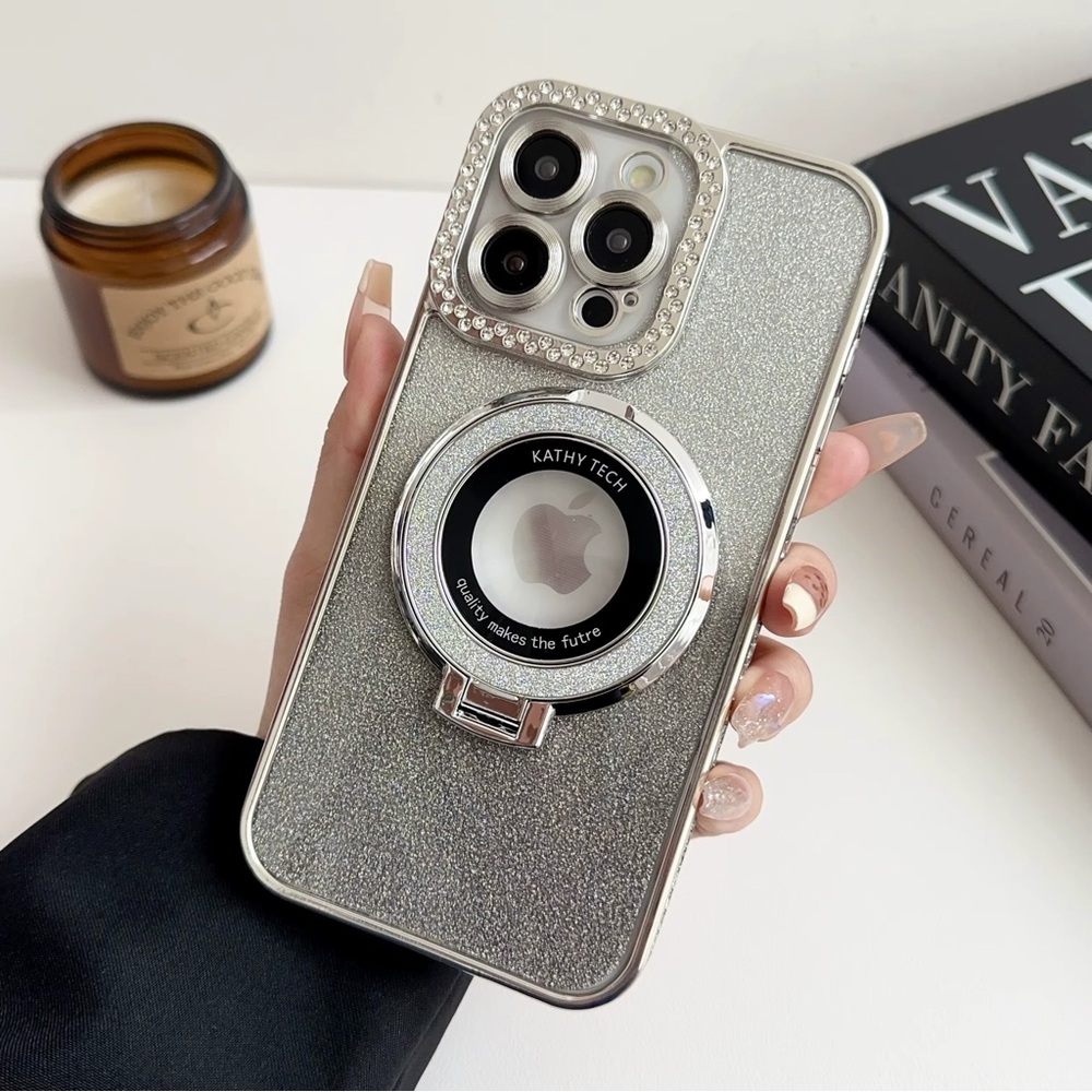 Silver Glitter iPhone 14 Plus Case with Ring Holder
